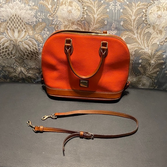 Dooney & Bourke Handbags - Dooney & Bourke Bright Orange Pebble Leather Dome Satchel with Brown Trim